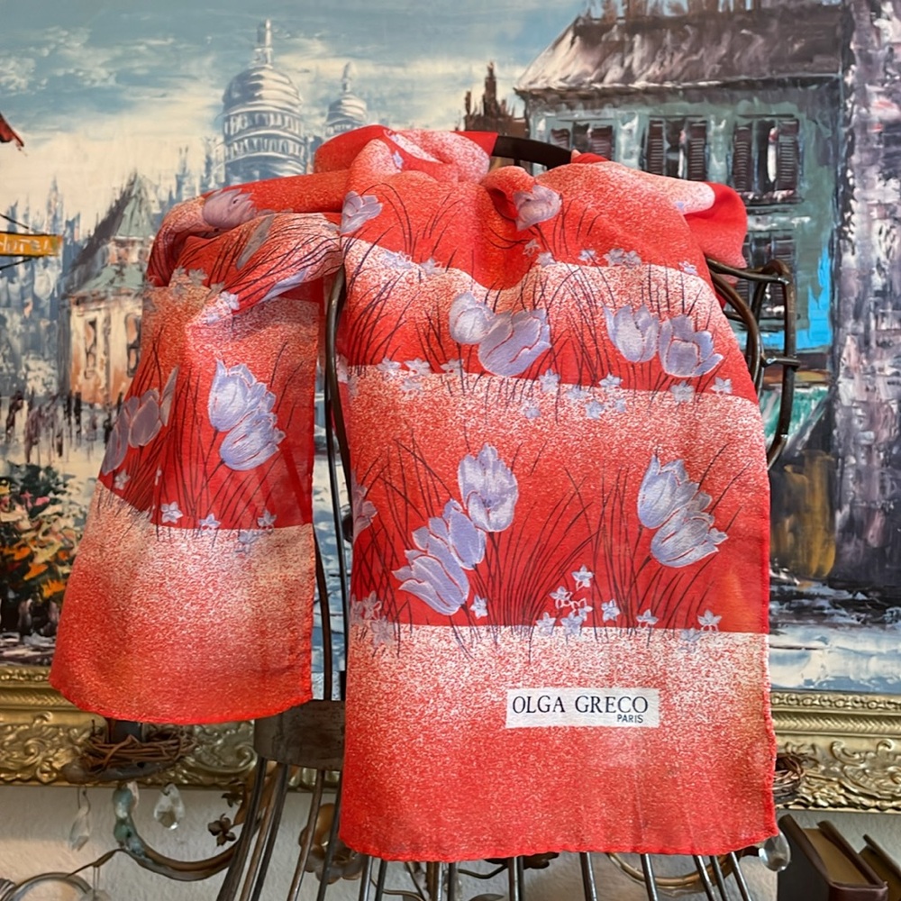 Olga Greco Paris Red Cream Lavender Blue Floral Scarf
